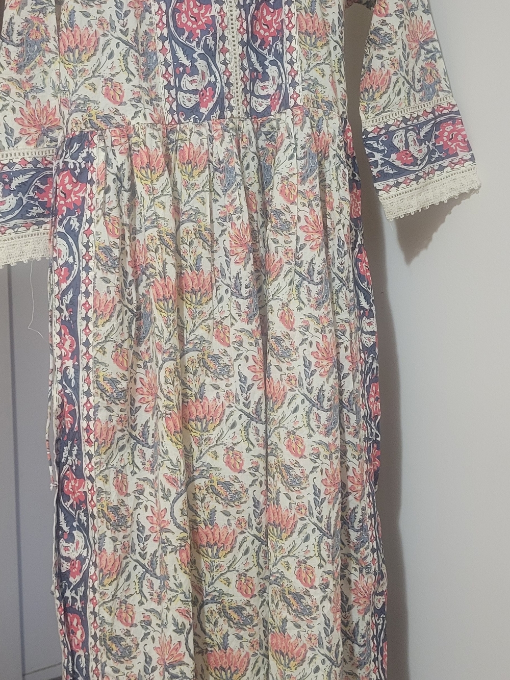 Bohemian Floral Long Sleeve Maxi Dress - Cream with Coral & Navy
